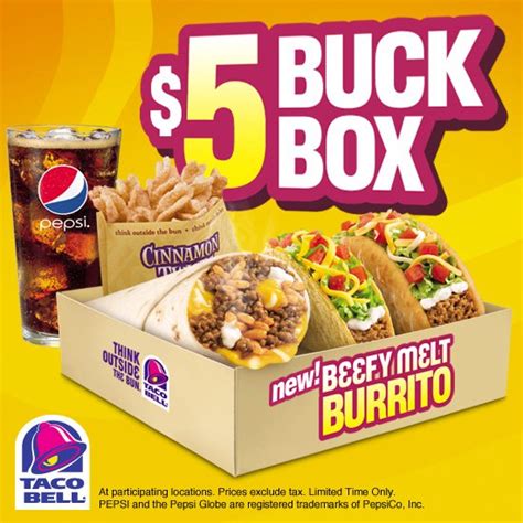 Includes a Breakfast Crunchwrap with sausage patty, two Cinnabon&174; Delights, hash brown, and a medium drink. . Taco bell menu box